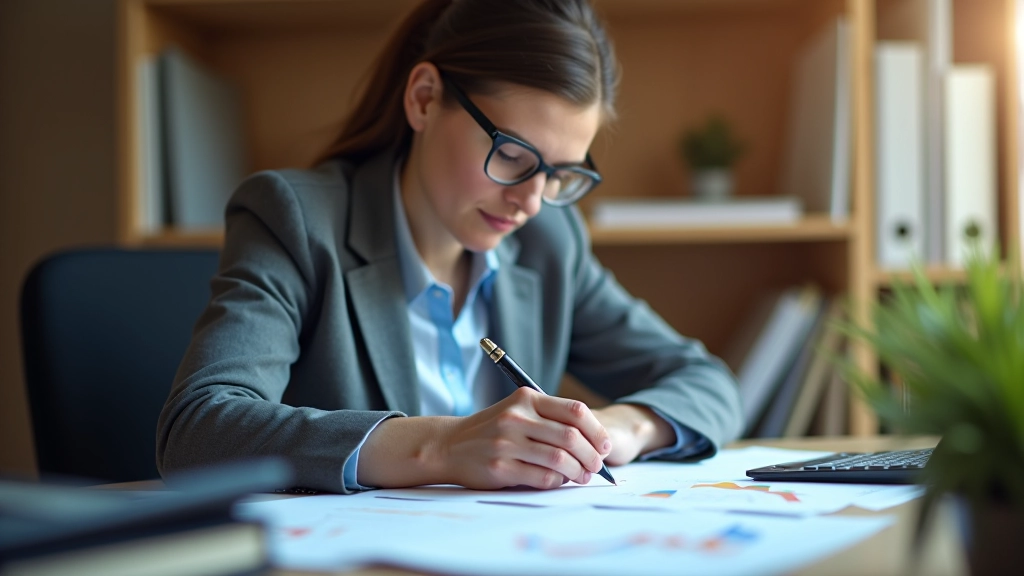 Buhalteris biure peržiūri finansinių duomenų sąrašą