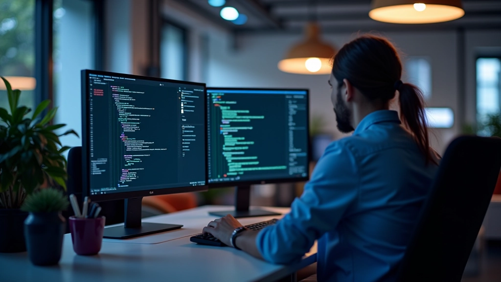 Programuotojo darbavietė su keliais monitoriais, rodančiais kodo redaktorių ir API testą
