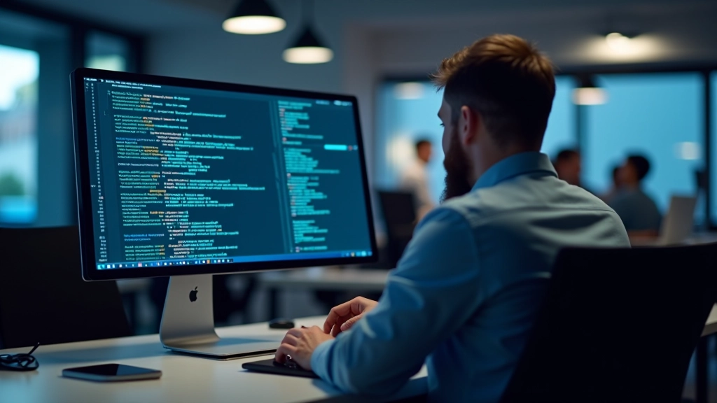 Šiuolaikinė biuro aplinka su IT specialistu kuris analizuoja klaidu žurnalus kompiuterio ekrane