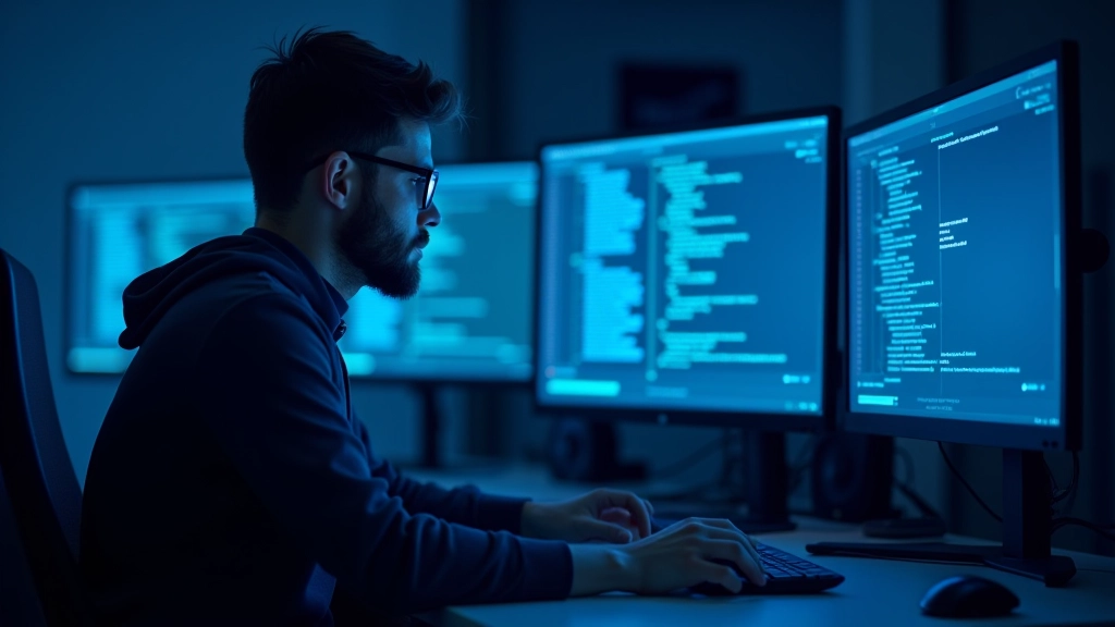 Programuotojo darbastalis su keliais monitoriais, rodančiais įvairias debugging priemones ir loges